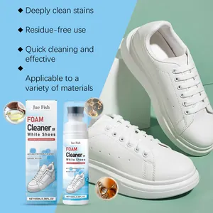 Detail of foam cleaner bottle showing spray nozzle and deep cleaning results on white shoes