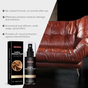 Professional detail of 100ml leather maintain fluid spray with brown leather sofa background