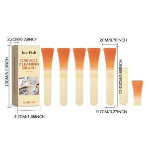 6-piece crevice cleaning brush set with dimensions in cm and inch, ideal for sink and window