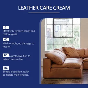 Benefits of leather care cream shown for cleaning and restoring brown leather sofas.