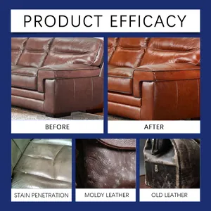 Leather care cream efficacy showing before and after restoration on sofas and bags.