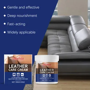 Detail view of Jakehoe leather care cream showing nourishing benefits and sofa application
