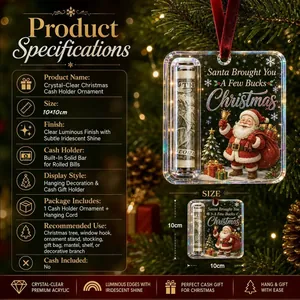 Full product specifications for 10x10cm clear acrylic Christmas cash holder ornament
