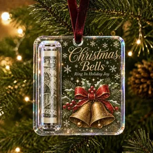 Detailed view of a clear acrylic Christmas money holder ornament with golden bell print