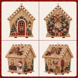 Detail von vier DIY Weihnachts-Perlenkunst-Häusern mit festlicher Deko