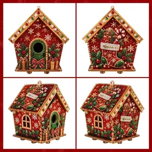Detailansicht festlicher DIY Perlenkunst-Weihnachtshäuser mit Schneeflockenmustern.