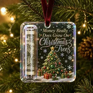 Clear acrylic Christmas ornament featuring a money holder slot and festive tree design.