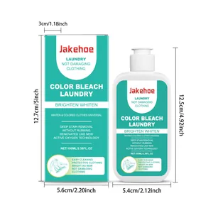 Product detail showing precise dimensions of Jakehoe color bleach laundry bottle and packaging
