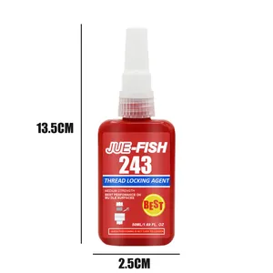 Detailed view of Jue-Fish 243 thread locking agent showing dimensions 13.5cm by 2.5cm