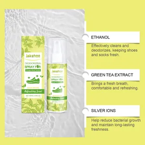 Jakehoe 100ml shoe deodorizing spray features ethanol and green tea extract for lasting freshness.
