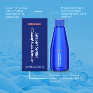 Detail view of Jakehoe lavender scented clothing stain remover in a 100ml blue bottle