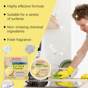 Detailed view of JAKEHOE lemon scented multi-surface cleaner used on kitchen surface