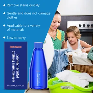 Detail showing Jakehoe lavender clothing stain remover with lifestyle laundry scene