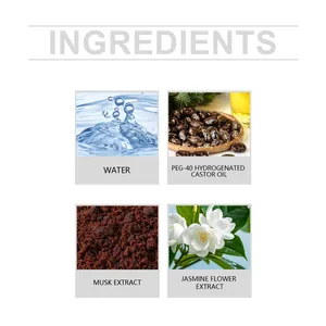 Visual ingredient list for Jasmine Room Spray with Water, Musk and Jasmine Extract.