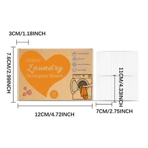 Detailed dimensions of Jakehoe laundry detergent sheets packaging and individual sheets.