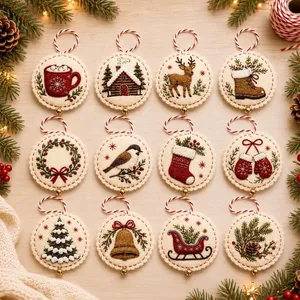 Detailed view of twelve unique DIY felt Christmas ornament designs with embroidery
