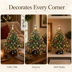 Handmade beaded Christmas tree kit shown decorating coffee table, entryway, and shelf