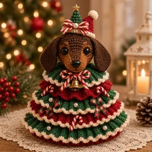 Dettaglio di un cucciolo di bassotto all'uncinetto travestito da albero di Natale