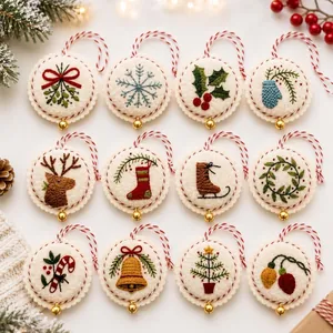 Detailed overview of twelve unique DIY felt Christmas embroidery ornament designs.