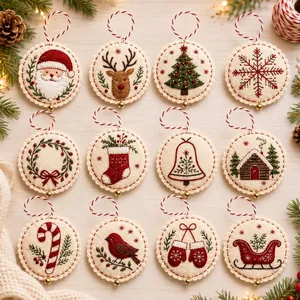Detailed view of 12 unique embroidered felt Christmas ornaments with festive designs