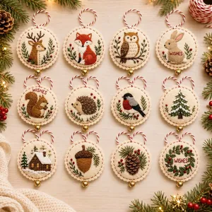 Set of 12 DIY felt Christmas ornaments with cute embroidered forest animals and winter motifs.