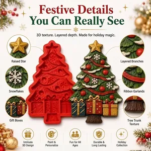 Detailed view of 3D Christmas tree silicone mold and painted craft results.