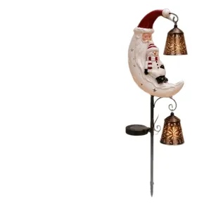 Decorative Christmas moon solar stake light with Santa Claus, snowman and twin bells