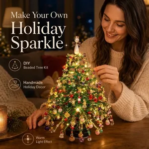 Detailed view of the DIY beaded Christmas tree kit with warm festive lighting.