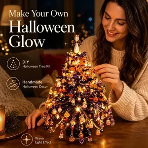 DIY beaded Halloween tree kit featuring warm LED lights and handmade ornaments decor