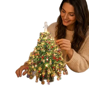 Handmade DIY beaded Christmas tree kit with colorful ornaments and LED lights