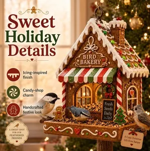 Gingerbread house bird feeder with festive icing details and birds