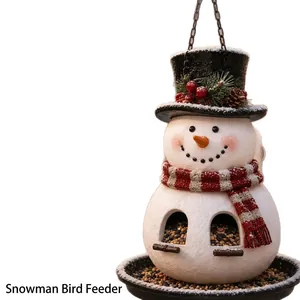 Christmas snowman bird feeder with hanging chain, black top hat and striped scarf