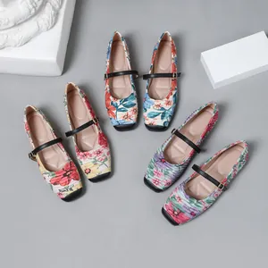 Floral French Mary Jane ballet flats with square toe and soft sole in various colors