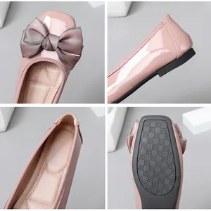 Detailed collage of pink patent ballet flats showing bow, heel, and floral sole pattern