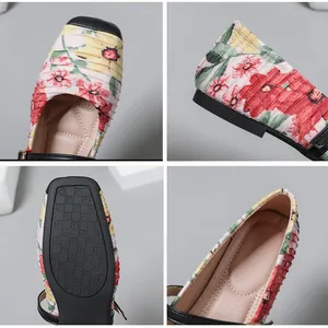 Detailed close-up views of floral Mary Jane ballet flats showing texture and soft sole