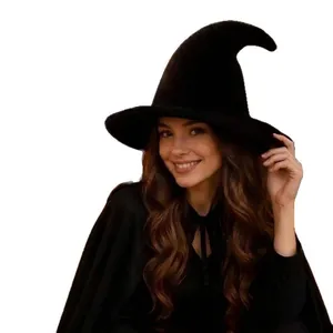 Classic black knitted wizard hat for Halloween cosplay costumes, high quality knit texture