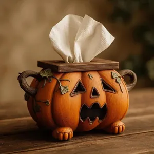 Close-up of Halloween pumpkin tissue box with rustic wood texture and carved face detail