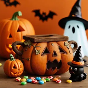 Halloween pumpkin tissue box holder in a festive scene with ghosts and black cats.