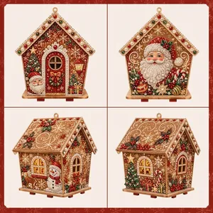 Detail view of DIY pearl art Christmas ornaments showing Santa and snowman designs.