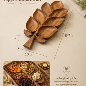 Handcrafted leaf-shaped wooden serving tray with detailed dimensions for snacks