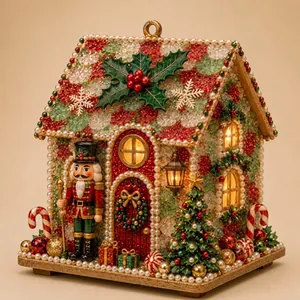 Dettaglio casa di Natale in vetro marino luminosa con schiaccianoci e luci LED