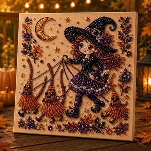 Fertiges Halloween-Perlenkunst-DIY-Set mit Hexe und Besen auf Leinwand