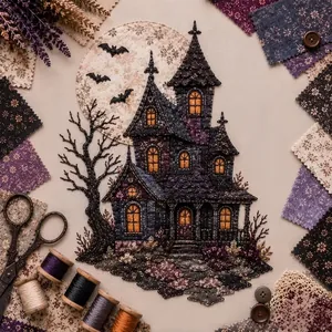 Detailed view of Halloween patchwork DIY kit with fabric haunted house and bats