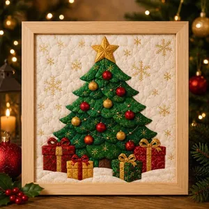 Handmade Christmas fabric art painting with 3D tree and gifts in a wooden frame