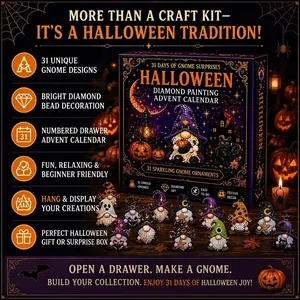 Detailansicht von 31 funkelnden Gnomen-Diamantmalerei-Ornamenten und Adventskalender-Box.