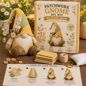 Complete DIY patchwork bijen tuinkabouter naaiset met stoffen, gereedschap en gids