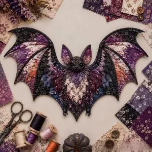 Detailed macro view of a Halloween patchwork bat with vintage fabric scraps and sewing tools.
