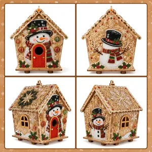 Detailed four-angle view of DIY pearl art Christmas house model with snowman motif