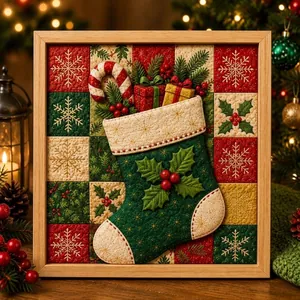 Detailed view of handmade Christmas fabric art painting featuring a festive stocking