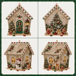 Detail view of DIY Pearl Art Christmas Collection houses decorated with pearls and beads.